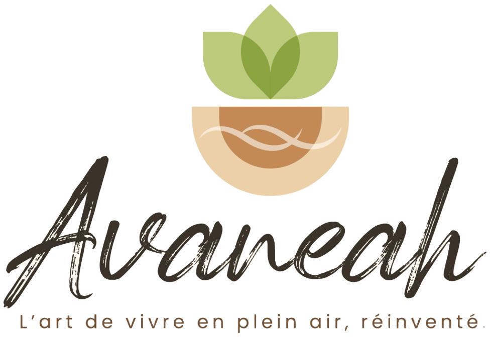 Logo with green leaves above a brown semi-circle and wave, the word "Avaneah" in script, and the French tagline "L’art de vivre en plein air, réinventé.