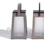 Three rectangular lanterns in gray, olive, and wood finishes are placed side by side on a white background, each with a handle on top.