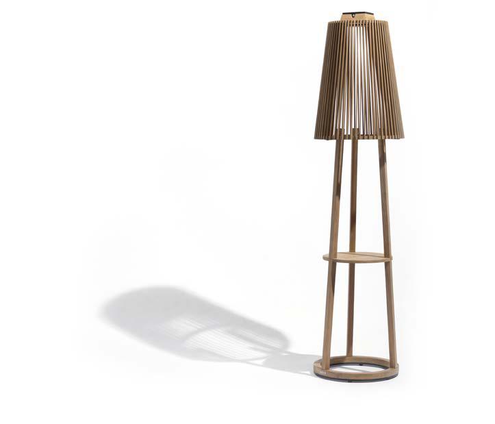 A modern wooden floor lamp with a slatted shade and tripod base, casting a shadow to the left on a white background.