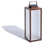 A rectangular lantern with a brown metal frame, frosted white panels, a flat top, and a carrying handle, casting a shadow to the left.