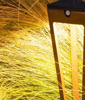 A modern outdoor lamp illuminates tall yellow grass at night, casting a bright, warm glow over the surrounding vegetation.